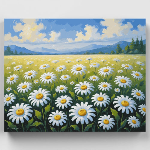 Daisy Field Mountain Landscape - Paint by Numbers Kit