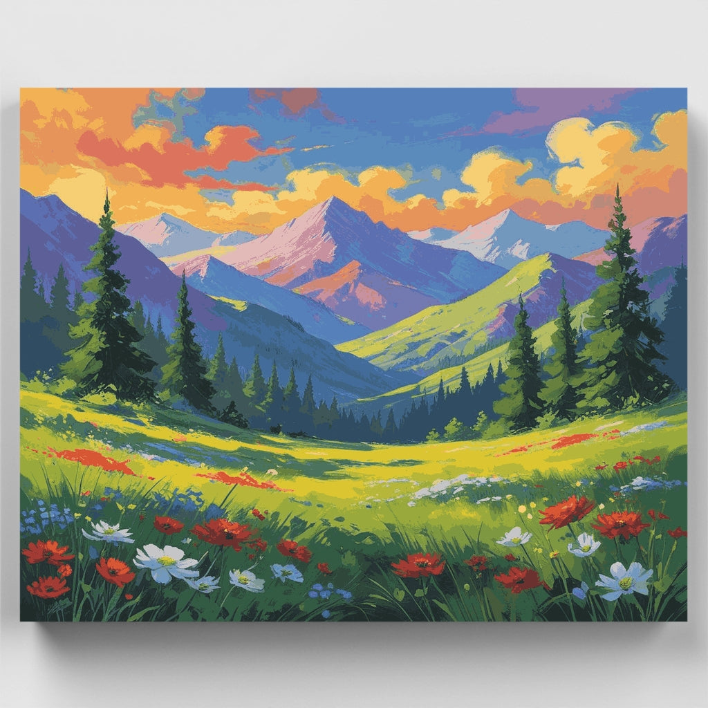 Kit de pintura por números: Paisaje de montaña en prado alpino — Estándar