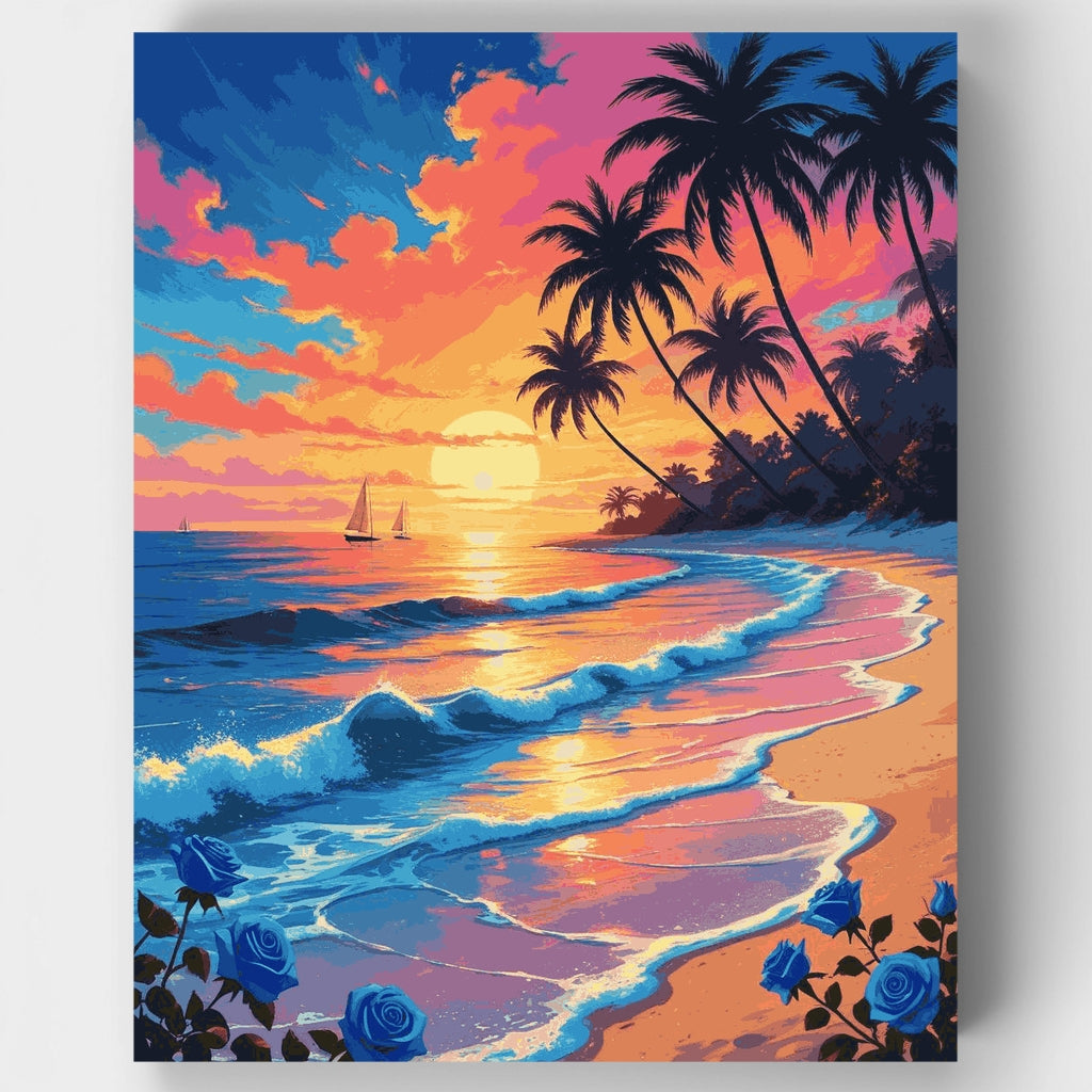 Atardecer en playa tropical con rosas azules - Kit de pintura por números — Estándar