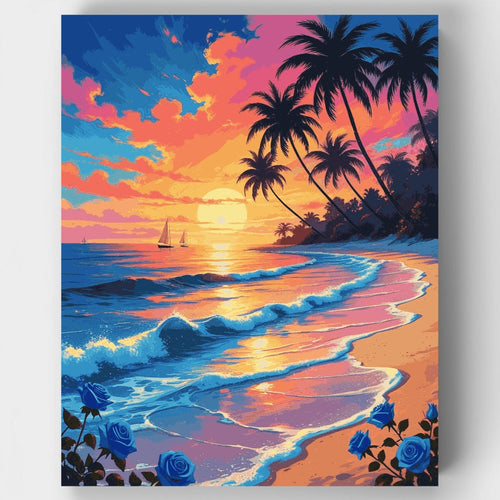 Tropical Beach Sunset with Blue Roses - Paint by Numbers Kit