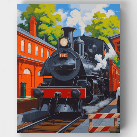 Steam Train at Red Station 1915 - Paint by Numbers Kit