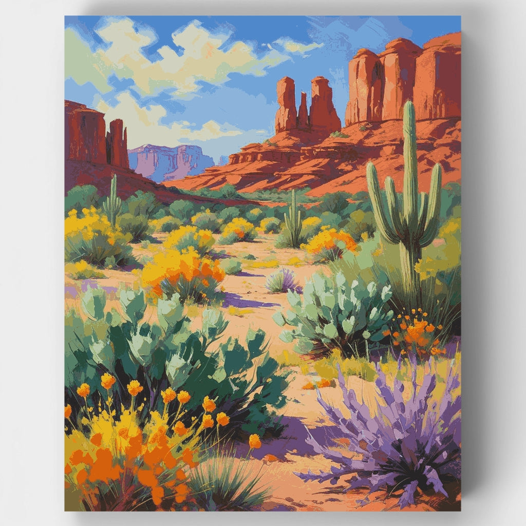Oasis en el desierto con cactus y formaciones rocosas rojas - Kit de pintura por números — Estándar