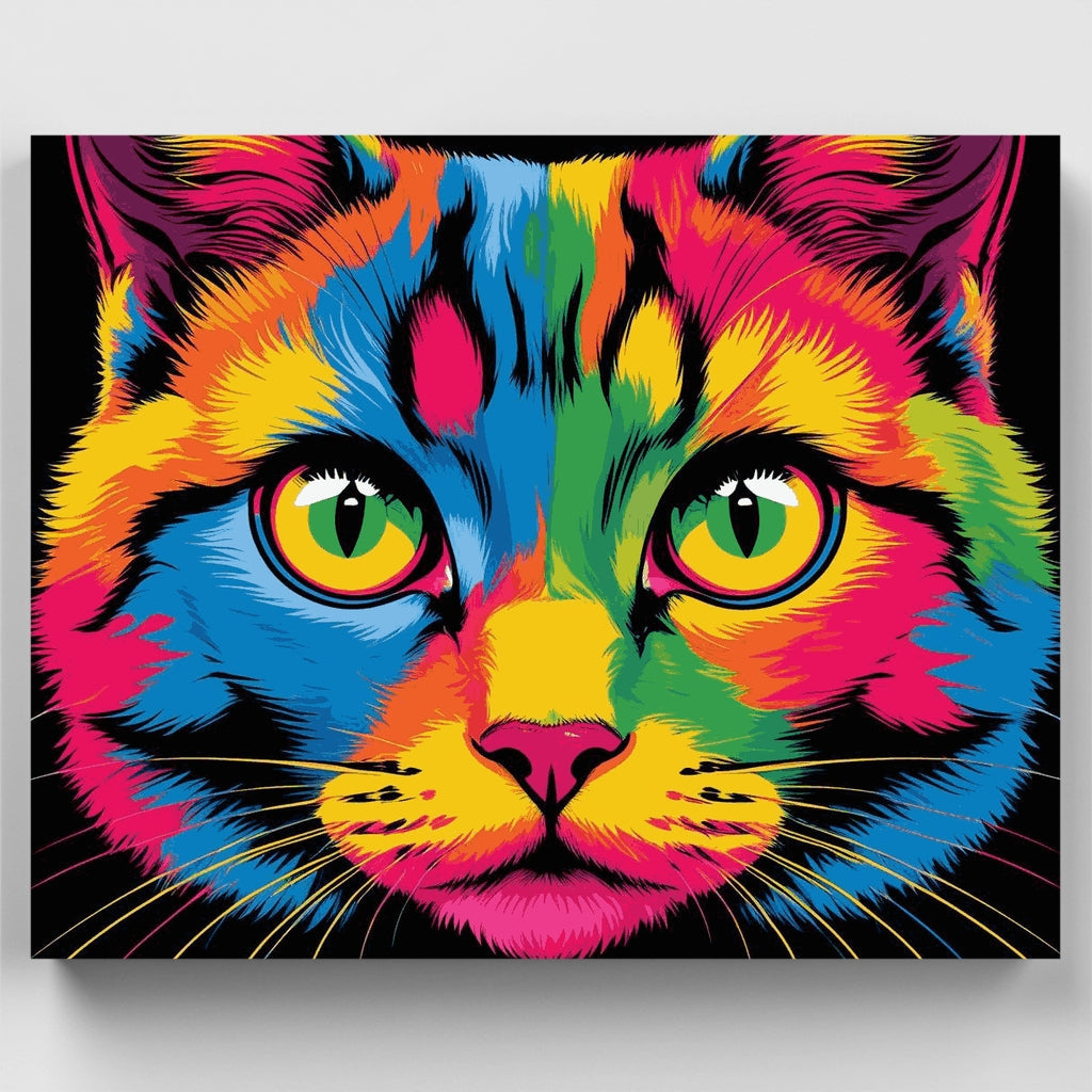 Kit de pintura por números: Cara de gato arcoíris vibrante — Estándar