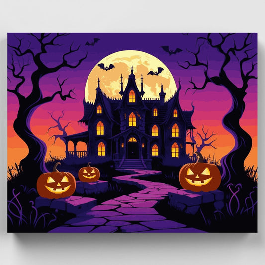 Gothic Halloween Mansion with Pumpkins - Paint by Numbers Kit