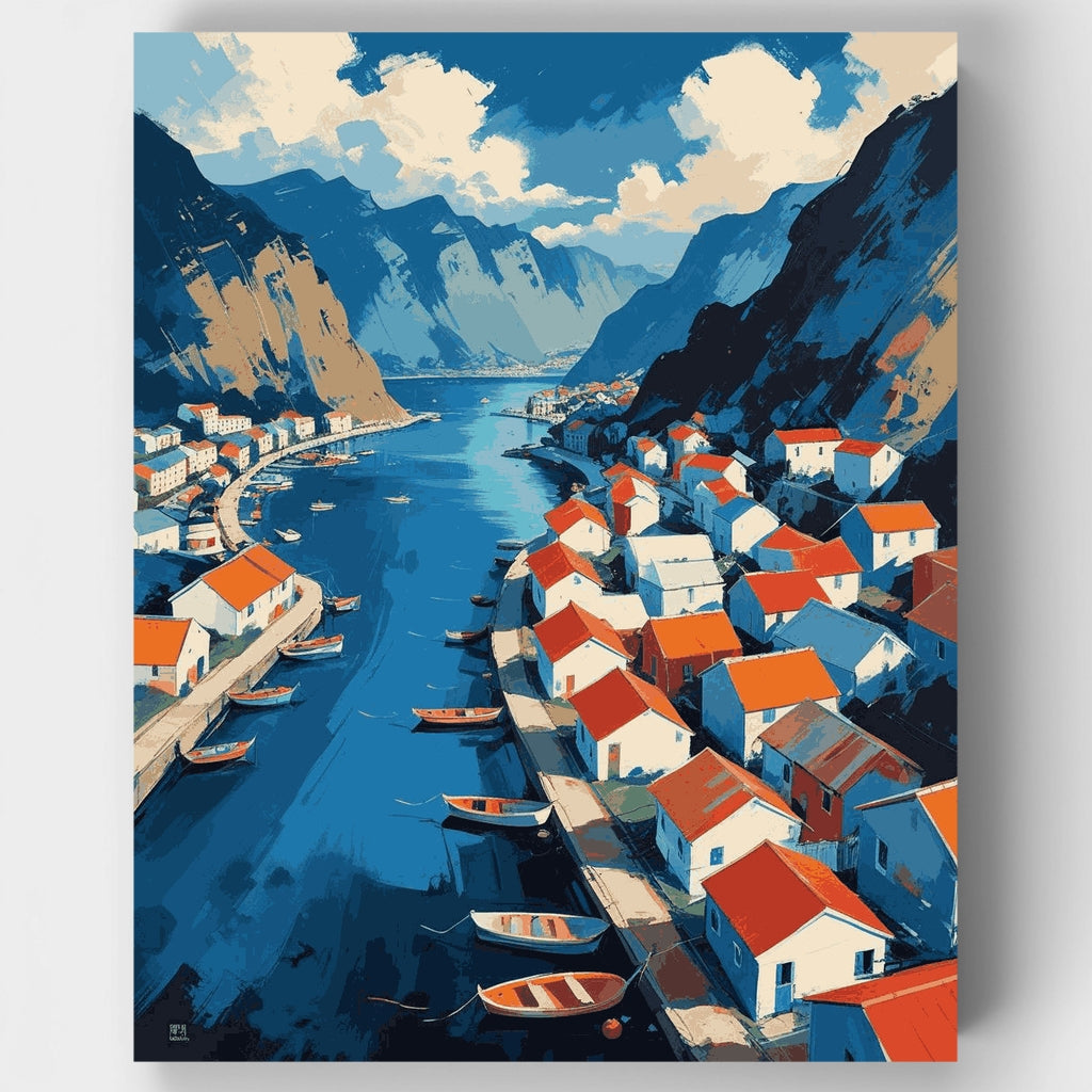 Pueblo en un fiordo noruego - Kit de pintura por números — Estándar