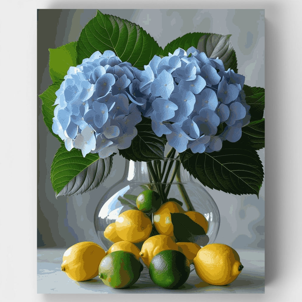 Bodegón de hortensias azules con limones - Kit de pintura por números — Estándar
