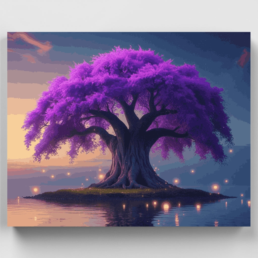 Árbol púrpura místico con luces flotantes - Kit de pintura por números — Estándar