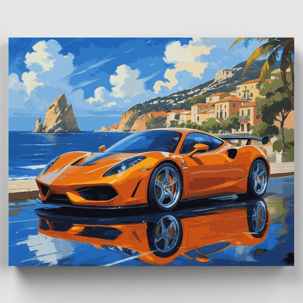 Kit de pintura por números: Coche naranja en la costa italiana — Estándar
