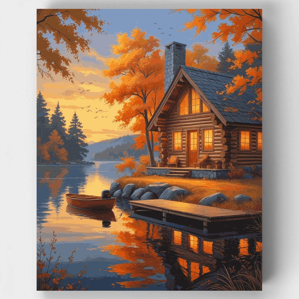 Refugio en la cabaña del lago en otoño - Kit de pintura por números — Estándar
