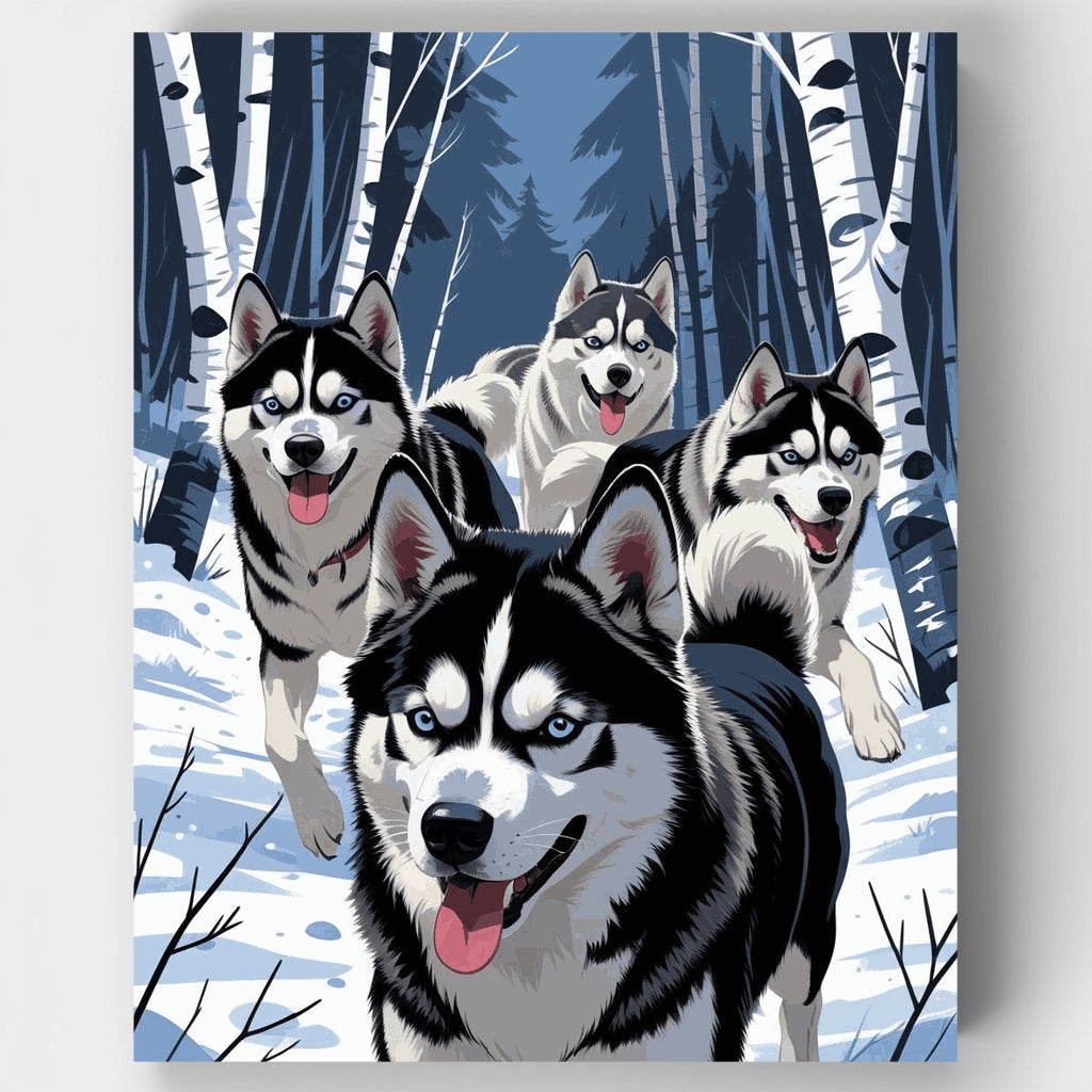 Siberian Huskies in Winter Forest - Paint by Numbers Kit