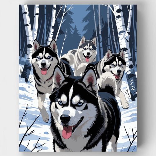 Siberian Huskies in Winter Forest - Paint by Numbers Kit