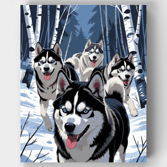 Siberian Huskies in Winter Forest - Paint by Numbers Kit