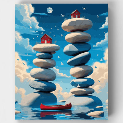 Surreal Stone Towers with Red Houses - Paint by Numbers Kit
