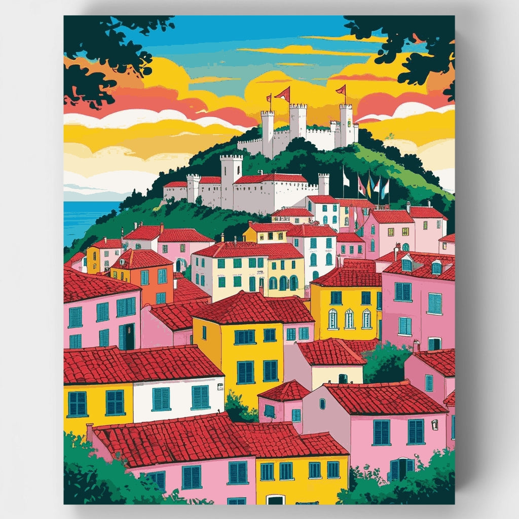 Kit de pintura por números: Pueblo con castillo en ladera mediterránea — Estándar