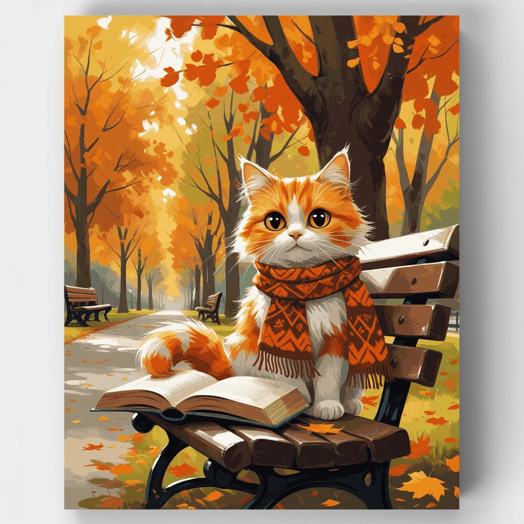 Kit de pintura por números: Gato leyendo en otoño — Estándar