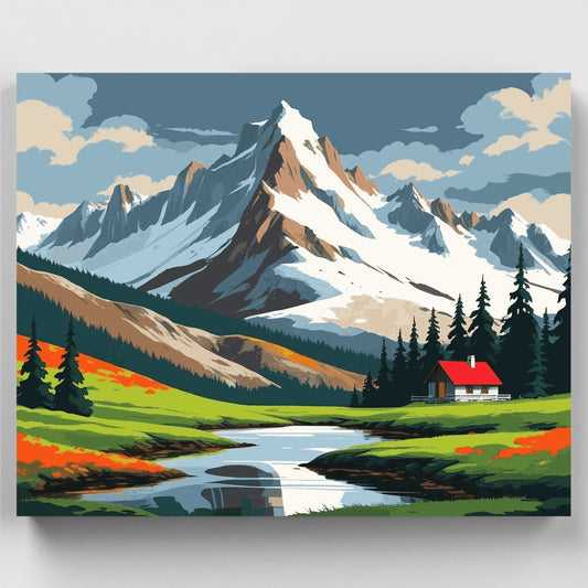 Alpine Valley with Red Roof Cabin - Paint by Numbers Kit