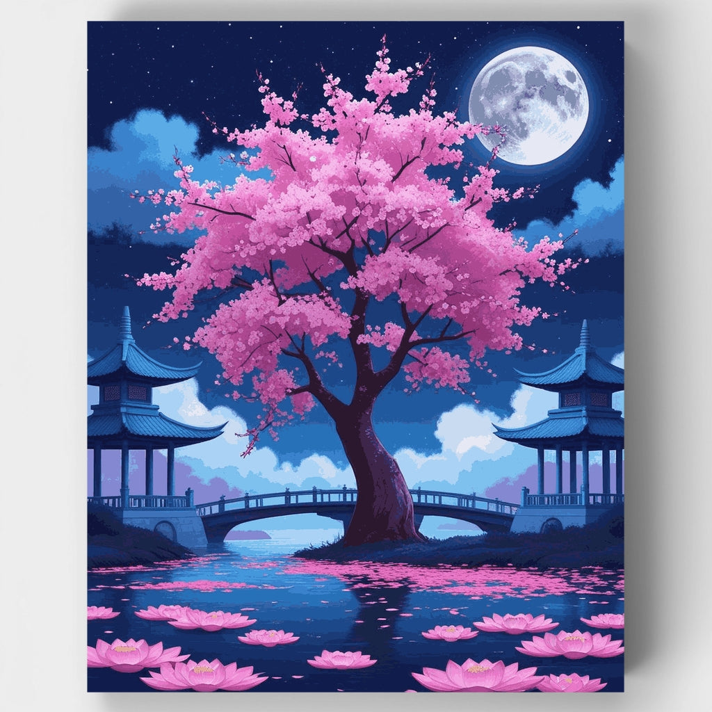 Kit de pintura por números - Jardín iluminado por la luna y cerezos en flor — Estándar