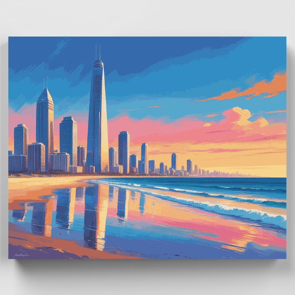 Kit de pintura por números: Atardecer en el skyline de Gold Coast — Estándar