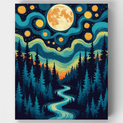 Starry Night Forest with Winding River - Paint by Numbers Kit