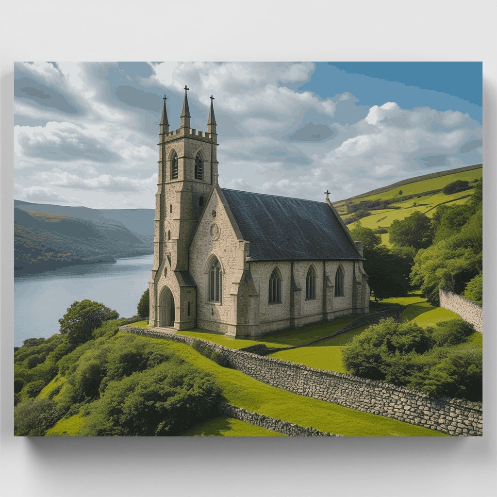 Iglesia gótica junto al lago - Kit de pintura por números — Estándar