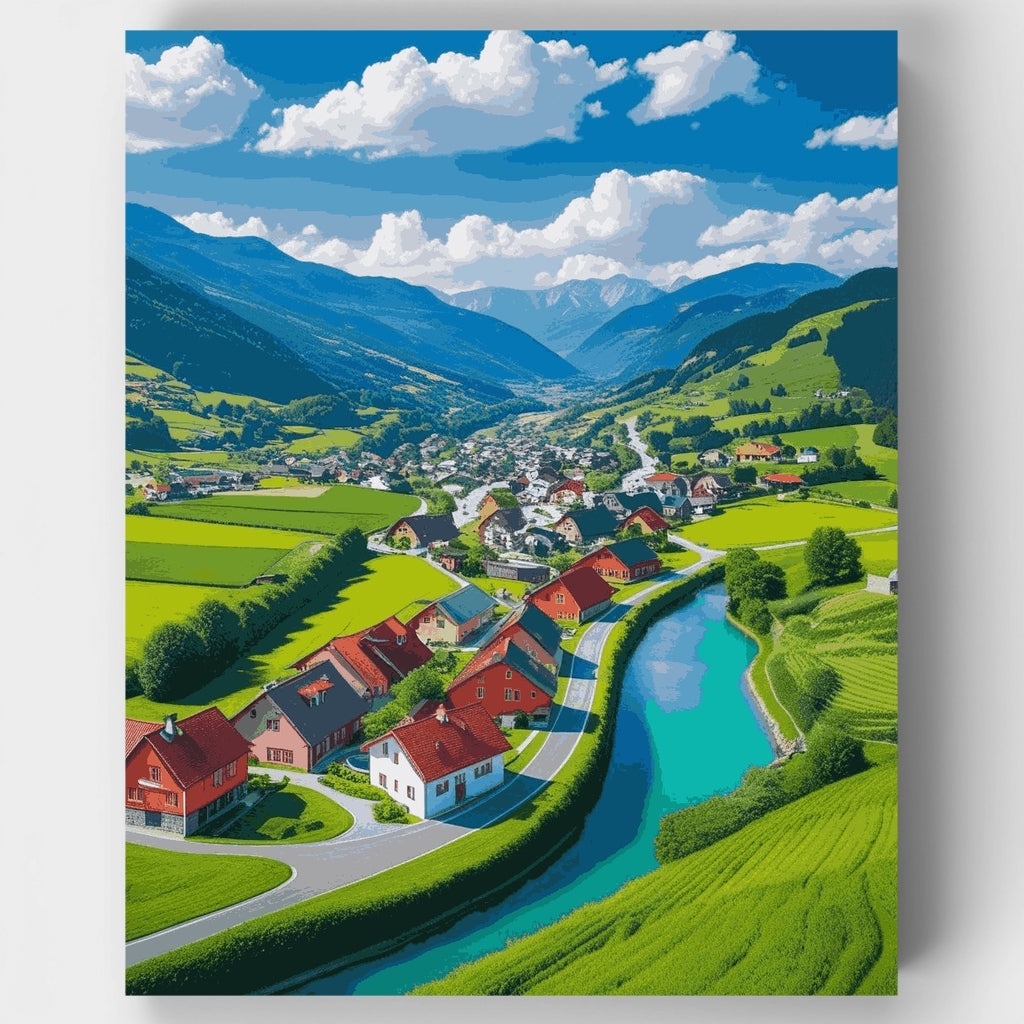 Pueblo en el valle suizo con río turquesa - Kit de pintura por números — Estándar