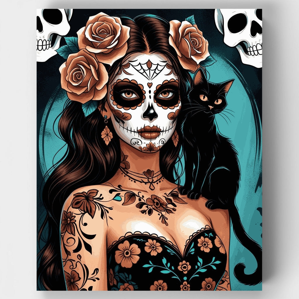 Day of the Dead Sugar Skull Woman with Black Cat - Paint by Numbers Kit