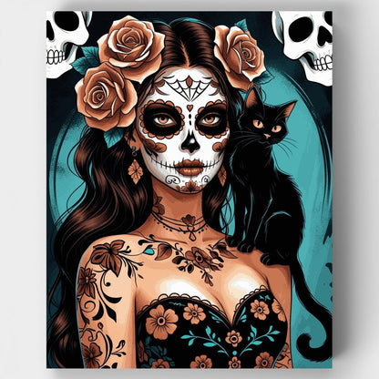 Day of the Dead Sugar Skull Woman with Black Cat - Paint by Numbers Kit