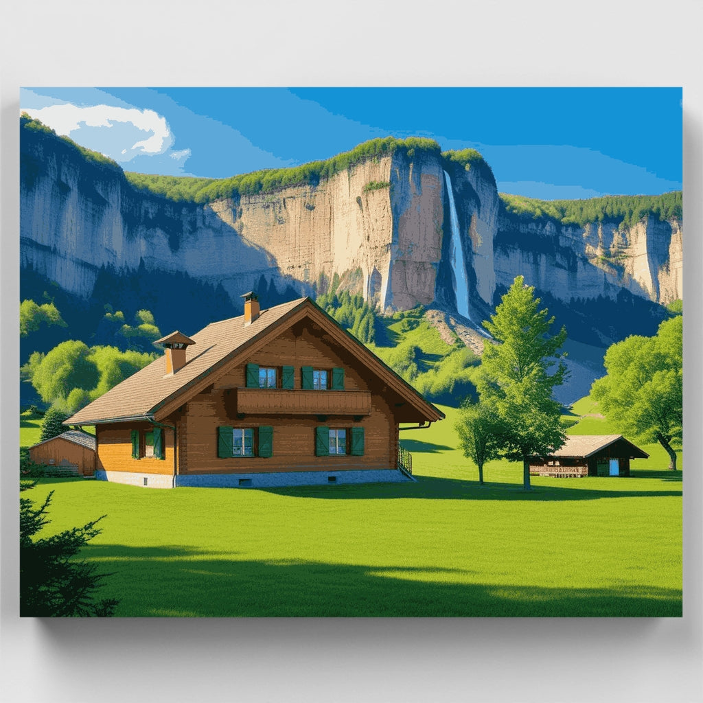 Alpine Chalet with Waterfall - Paint by Numbers Kit