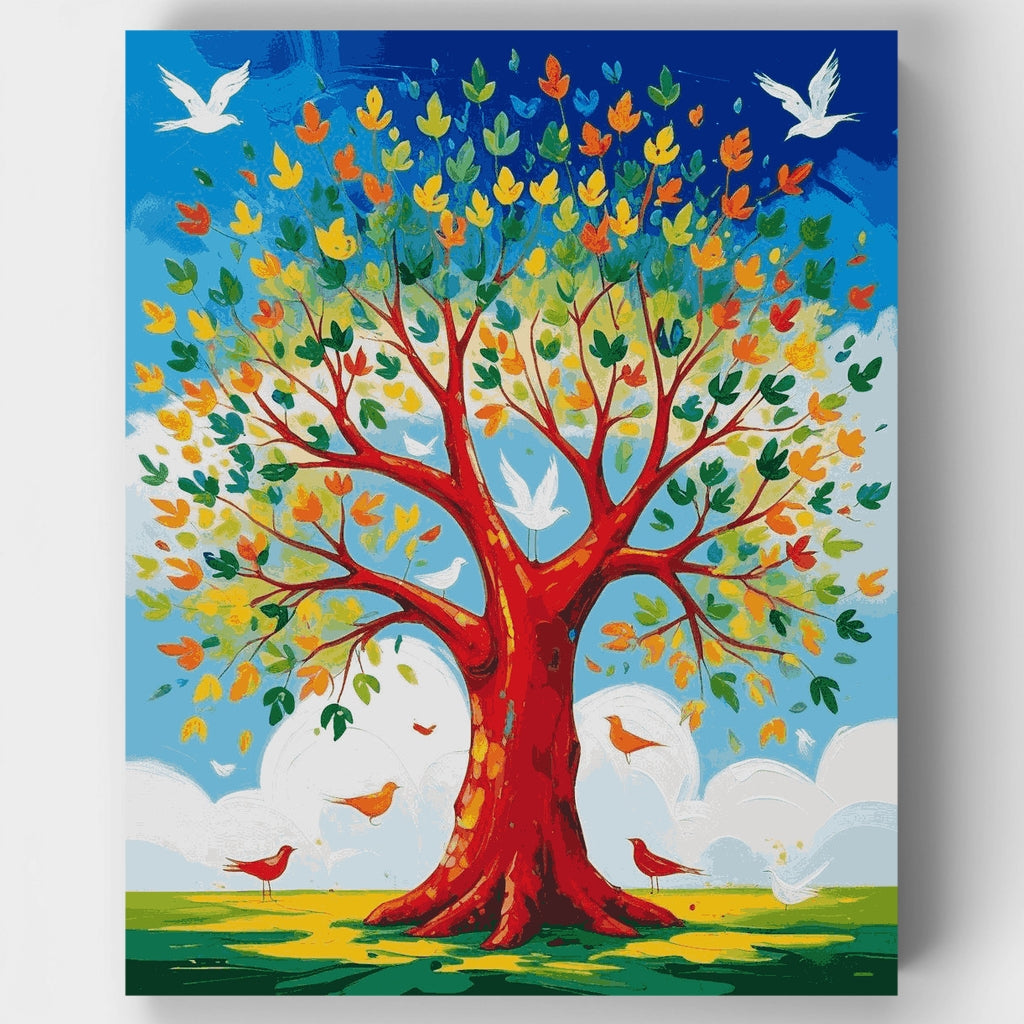 Kit de pintura por números: Árbol de la vida vibrante con aves — Estándar