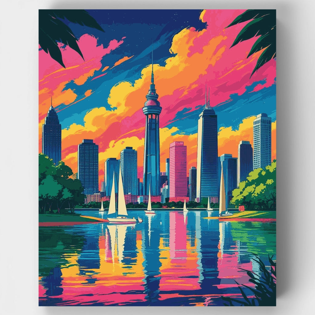 Kit de pintura por números: Atardecer en el puerto de una ciudad vibrante — Estándar