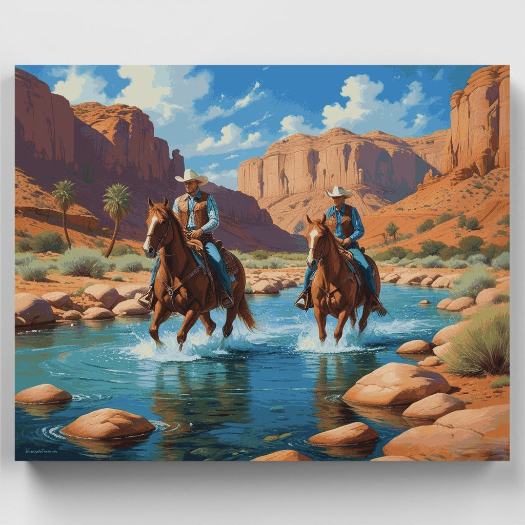 Kit de pintura por números - Vaqueros del oeste cruzando el río — Estándar