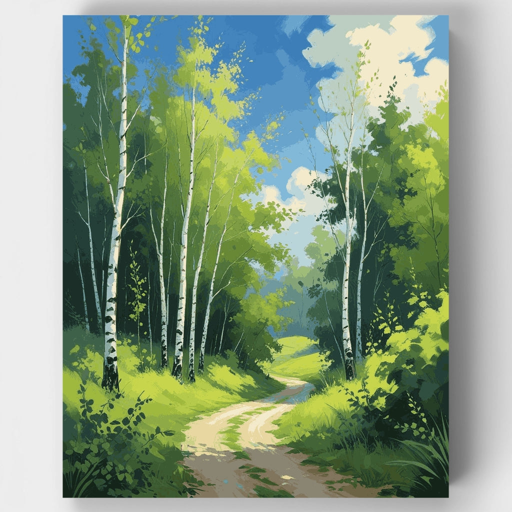 Kit de pintura por números: Sendero en el sereno bosque de abedules — Estándar