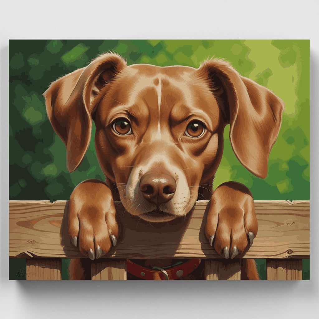 Adorable perro marrón asomándose por la valla - Kit de pintura por números — Estándar
