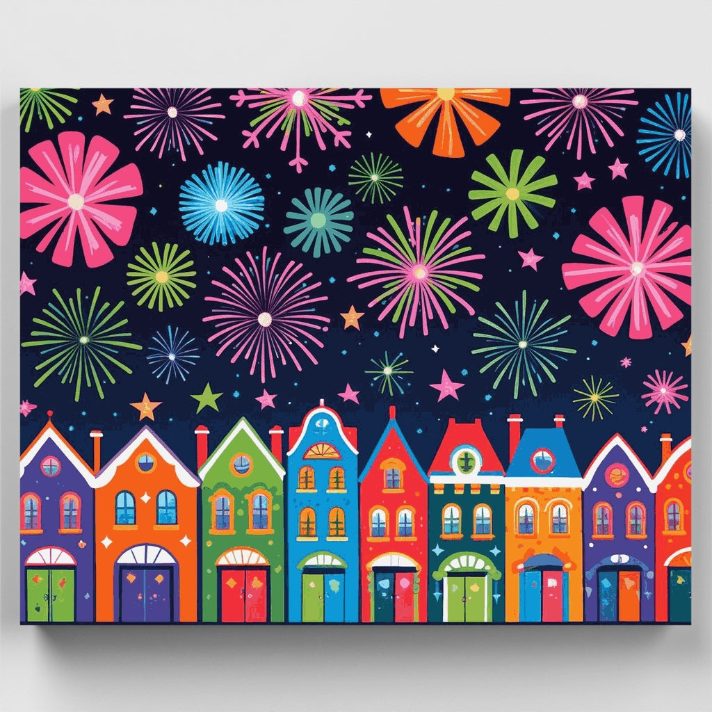 Fuegos artificiales de colores sobre casas adosadas - Kit de pintura por números — Estándar