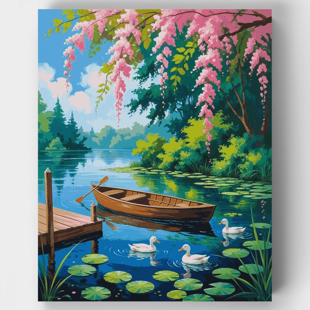 Lago sereno con flores de cerezo - Kit de pintura por números — Estándar