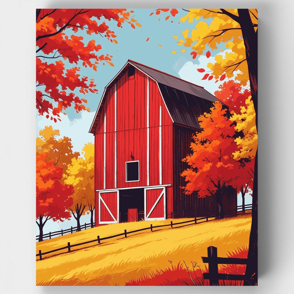 Kit de pintura por números - Paisaje de granero rojo en otoño — Estándar