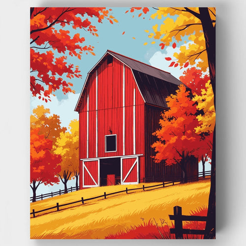 Autumn Red Barn Landscape - Paint by Numbers Kit