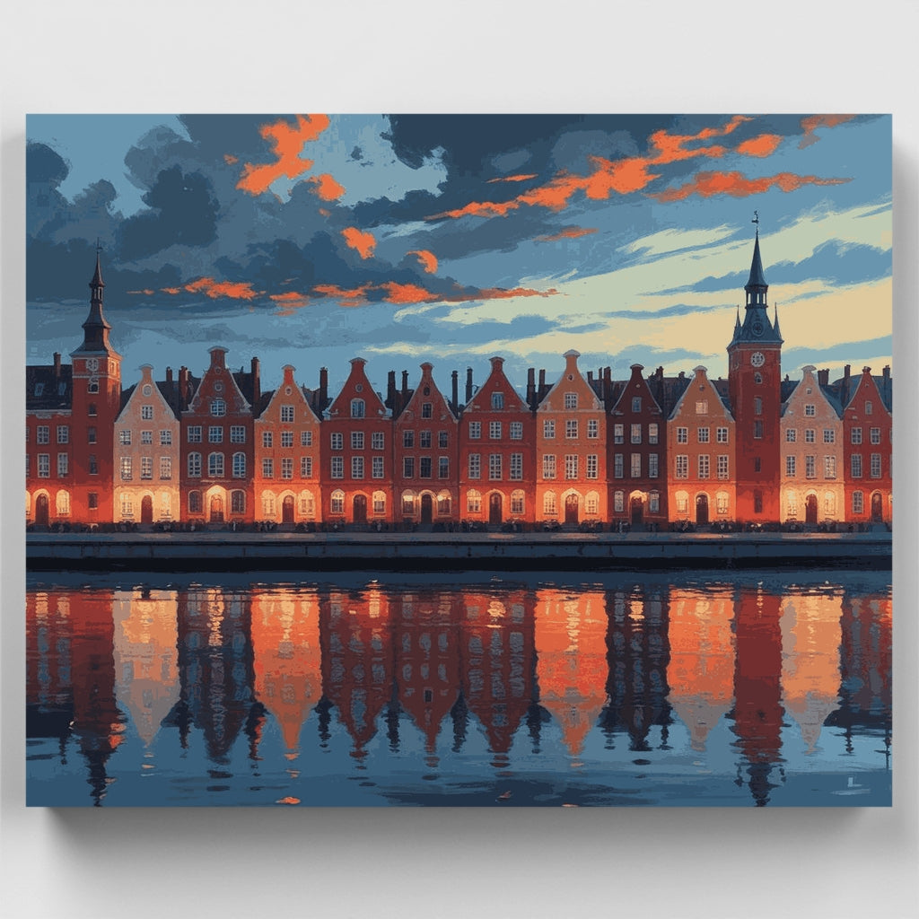 European Waterfront Village at Sunset - Paint by Numbers Kit