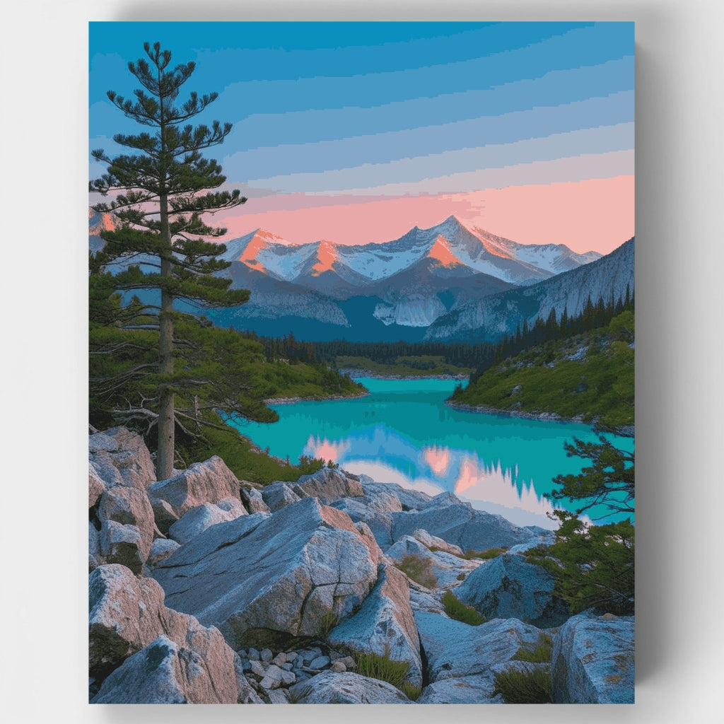 Kit de pintura por números: Lago Turquoise en las Montañas Rocosas con pinos — Estándar