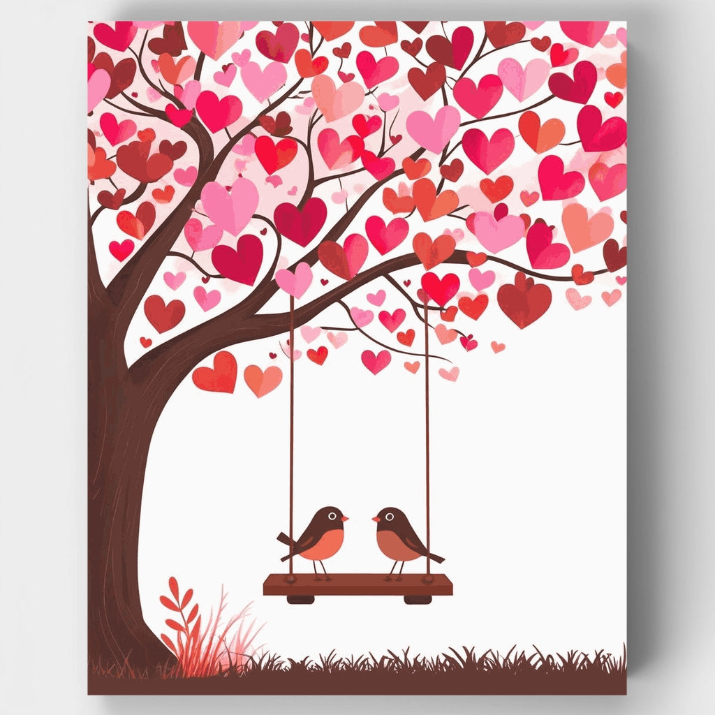 Pajaritos enamorados bajo el árbol del corazón - Kit de pintura por números — Estándar