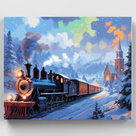 Winter Steam Train and Church - Paint by Numbers Kit