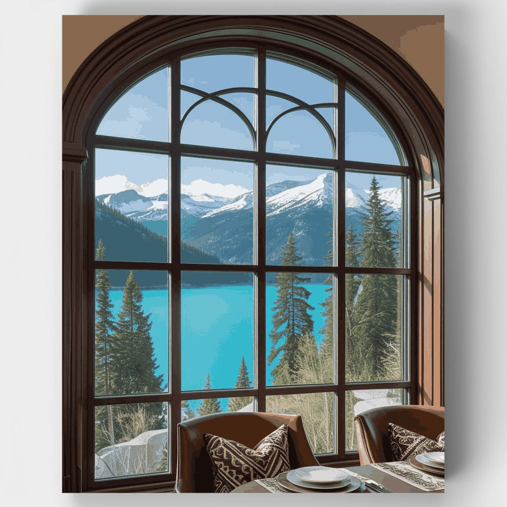 Mountain Lake View Through Arched Window - Paint by Numbers Kit