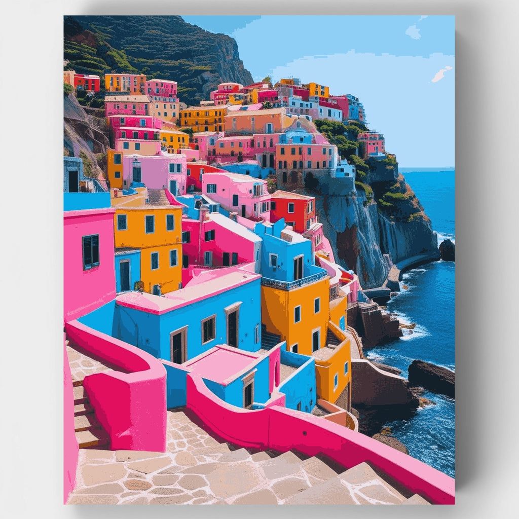 Kit de pintura por números: Pueblo mediterráneo vibrante en el acantilado — Estándar