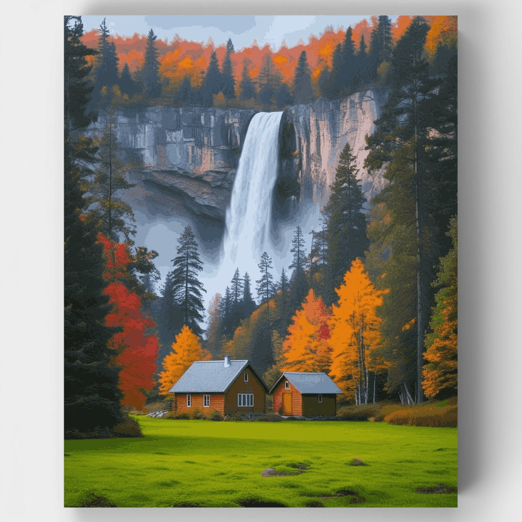 Kit de pintura por números - Refugio en la cabaña junto a la cascada en otoño — Estándar