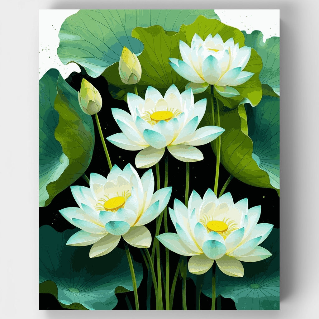 Flores de loto blancas con hojas verdes grandes - Kit de pintura por números — Estándar