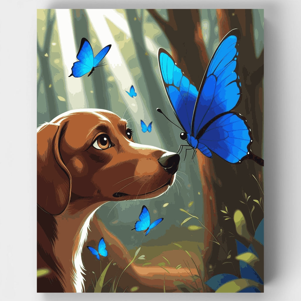 Dog and Blue Butterflies Forest Scene - Paint by Numbers Kit