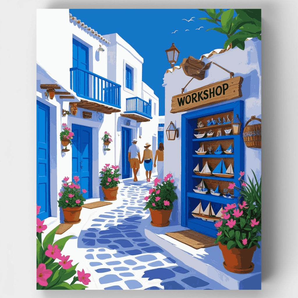 Taller en un pueblo de una isla griega: kit de pintura por números — Estándar