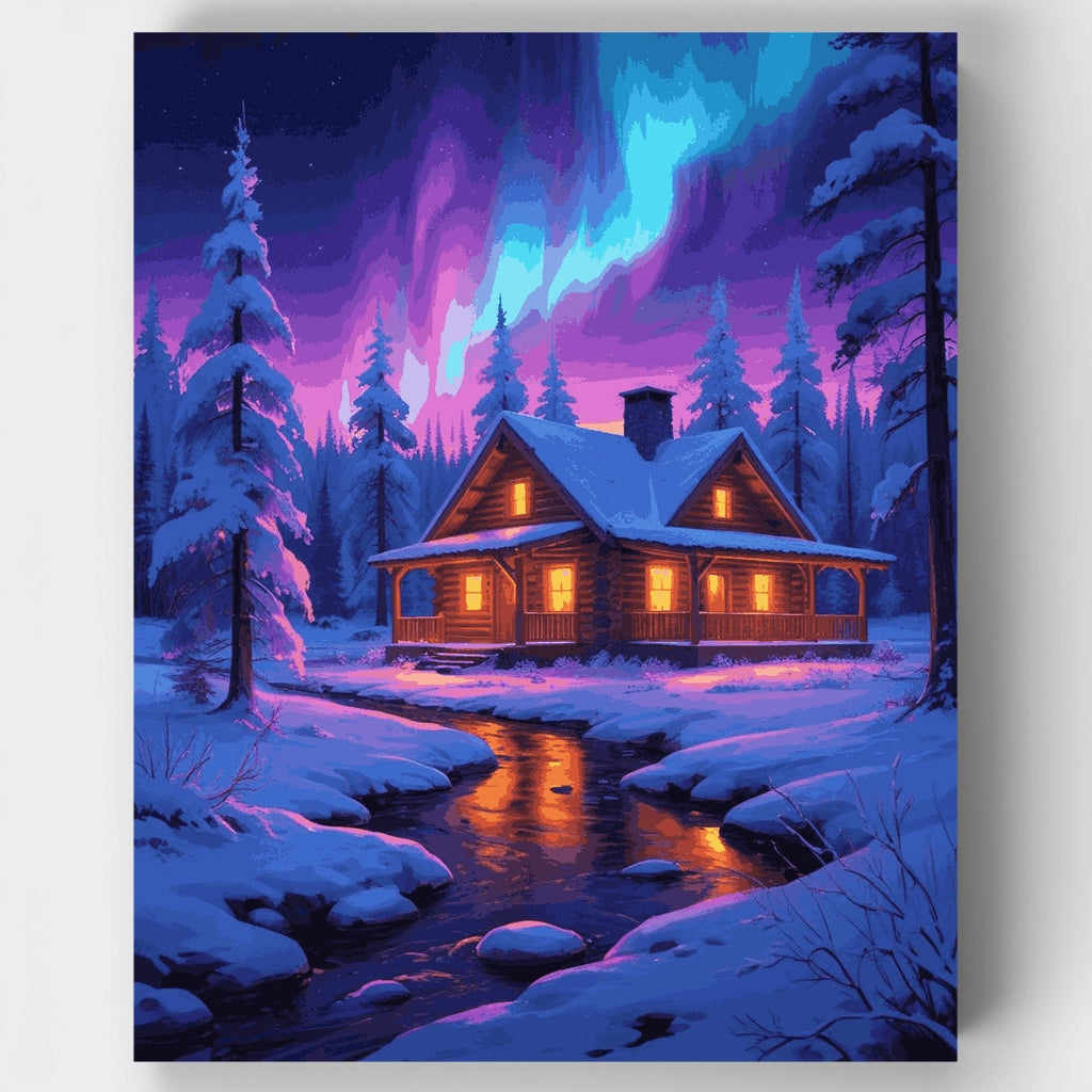 Kit de pintura por números: Cabaña de invierno y aurora boreal — Estándar