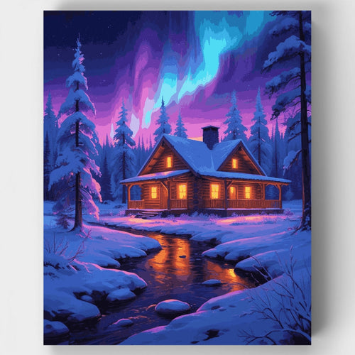 Winter Cabin Aurora Borealis - Paint by Numbers Kit