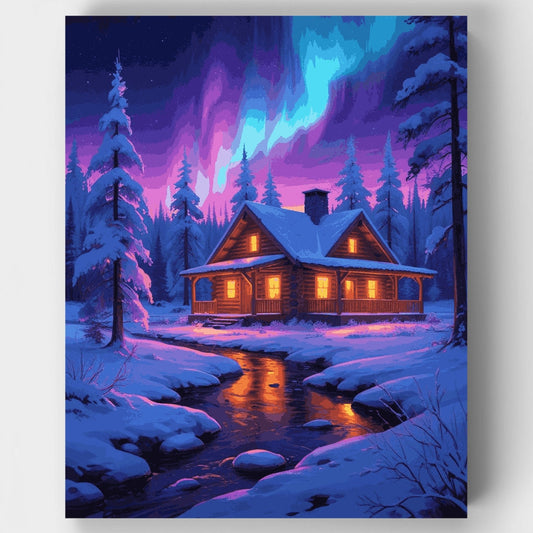 Winter Cabin Aurora Borealis - Paint by Numbers Kit